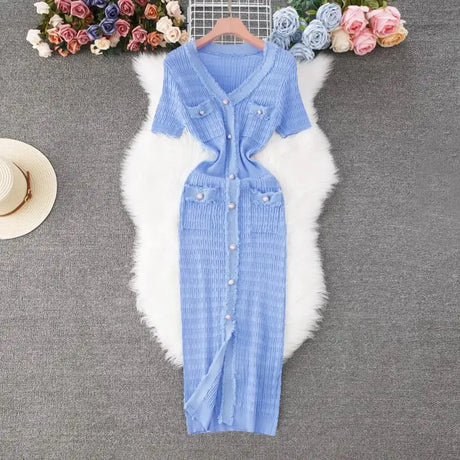 YuooMuoo 2025 New Arrival Women Knitted Long Dress Elegant V-neck Single-breasted Split Sweater Dress Office Lady Vestidos - Lootquake