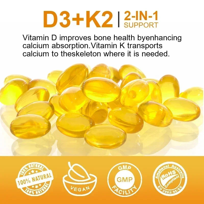 Cápsulas de vitamina D3 (5000 UI) y 200 mcg de vitamina K2 (MK-7) para la absorción de calcio, la regeneración ósea y el refuerzo inmunitario. Fáciles de disolver.