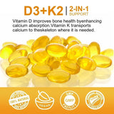 Cápsulas de vitamina D3 (5000 UI) y 200 mcg de vitamina K2 (MK-7) para la absorción de calcio, la regeneración ósea y el refuerzo inmunitario. Fáciles de disolver.