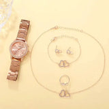 6PCS Set Rose Gold Luxury Watch Women Ring Necklace Earring Rhinestone Fashion Wristwatch Casual Ladies Bracelet Watches - Lootquake