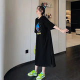 Vestido largo blanco con estampado Harajuku para mujer, ropa Y2K, informal, de manga corta y cuello redondo, moda coreana, vestidos sueltos de verano para mujer 2024