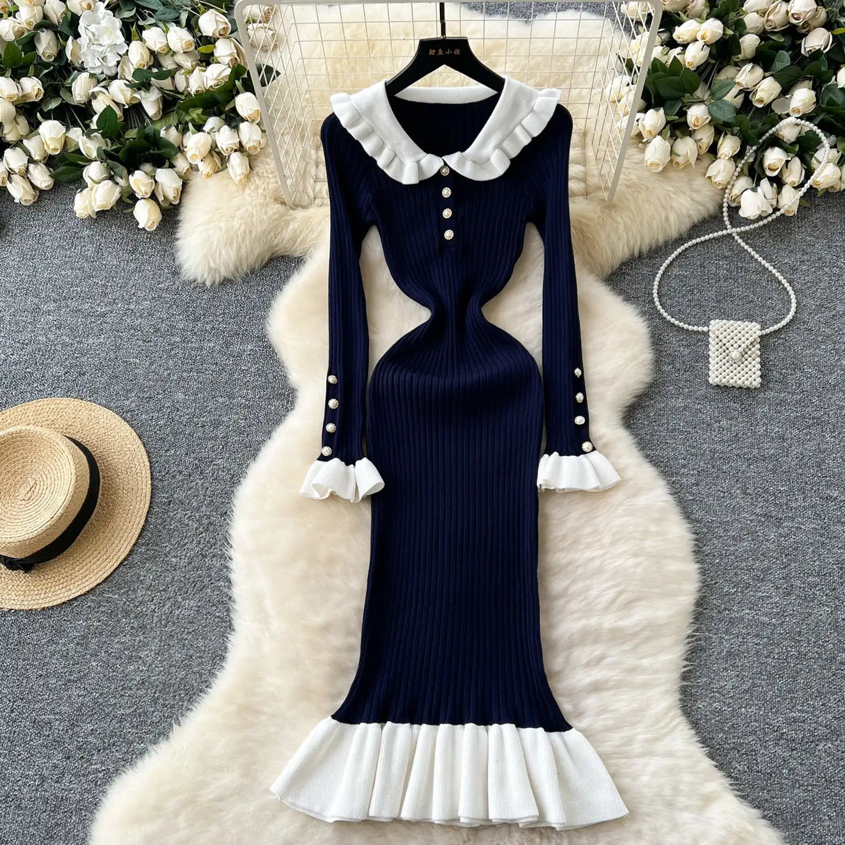 SINGREINY 2024 Hotsweet Slim Autumn Dress Women Peter pan Collar Long Sleeves Patchwork Preppy Style Mermaid Sweater Long Dress - Lootquake