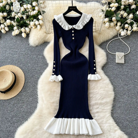 SINGREINY 2024 Hotsweet Slim Autumn Dress Women Peter pan Collar Long Sleeves Patchwork Preppy Style Mermaid Sweater Long Dress - Lootquake