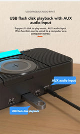 Enceinte Bluetooth portable avec chargement sans fil, lumière d'ambiance, fonction réveil, double haut-parleur, chargement USB