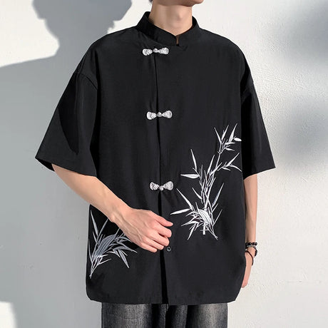 2025 Men Shirt Bamboo Embroried Short Sleeve Loose Summer Streetwear Men Clothing Korean Style Casual Tunic Shirts Plus M-5XL - Lootquake