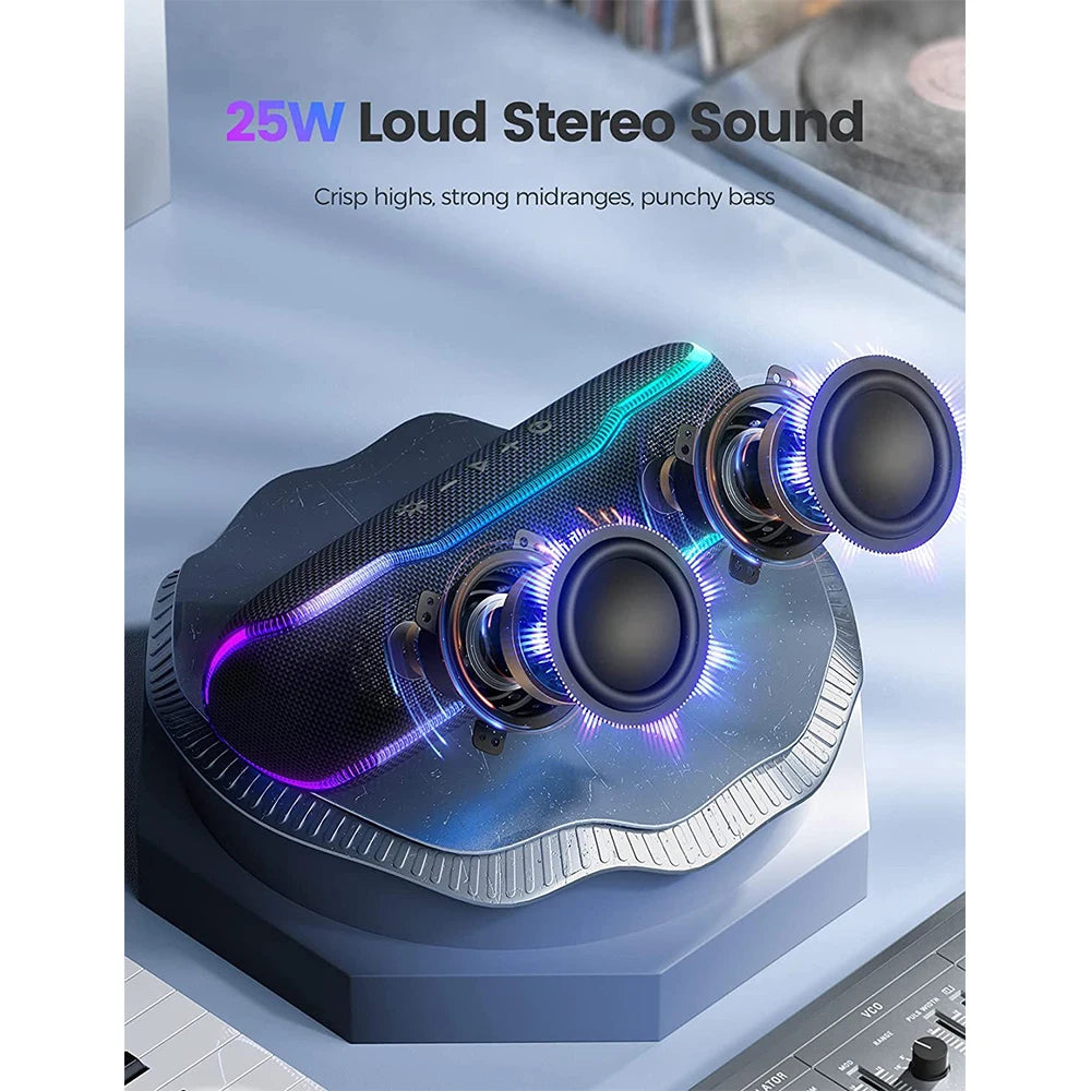 Enceinte Bluetooth WISETIGER d'extérieur, étanche IPX7, 25 W, BT5.3, haut-parleur stéréo surround avec lumières pulsées et égaliseur