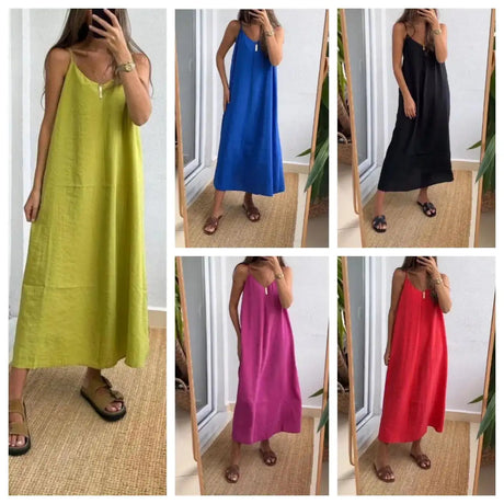 Summer Loose Spaghetti Strap Dresses Women Solid Color V-neck Casual Commuting Sleeveless Long Dress Female Fashion New Vestidos - Lootquake