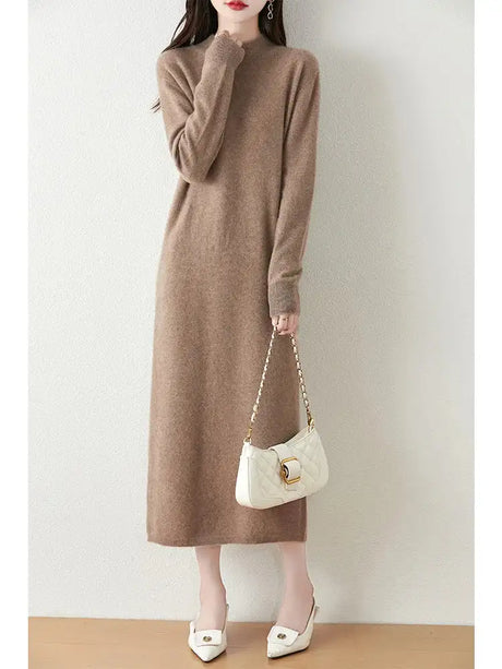 Autumn Winter Women's Wool Long Dress Cashmere Mock Neck Pullover Sweater 100% Merino Wool Soft Knitwear OL Simple Basic Dress - Lootquake