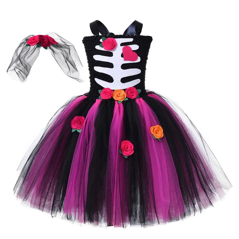 Scary Skeleton Halloween Costumes for Girls Kids Zombie Bride Fancy Dress Party Tutu Outfit Toddlers Children Cosplay Ball Gown