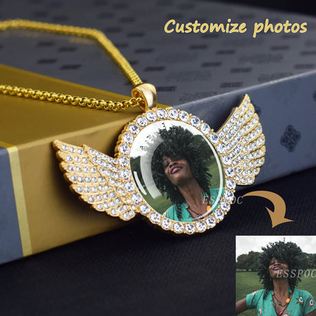 Custom Necklace Personalized Photo Picture Angel Wings Rhinestone Pendant Chains Necklaces Creative Fashion Hip Hop Jewelry Gift - Lootquake