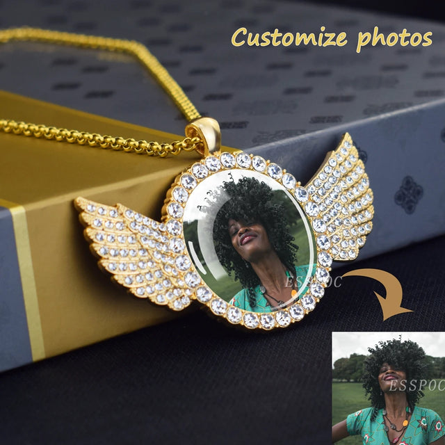 Custom Necklace Personalized Photo Picture Angel Wings Rhinestone Pendant Chains Necklaces Creative Fashion Hip Hop Jewelry Gift - Lootquake
