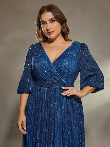 Mgiacy plus size V-neck bust pleated mid-long sleeve A-frame sequin long dress Evening gown PROM dress Party dress - Lootquake