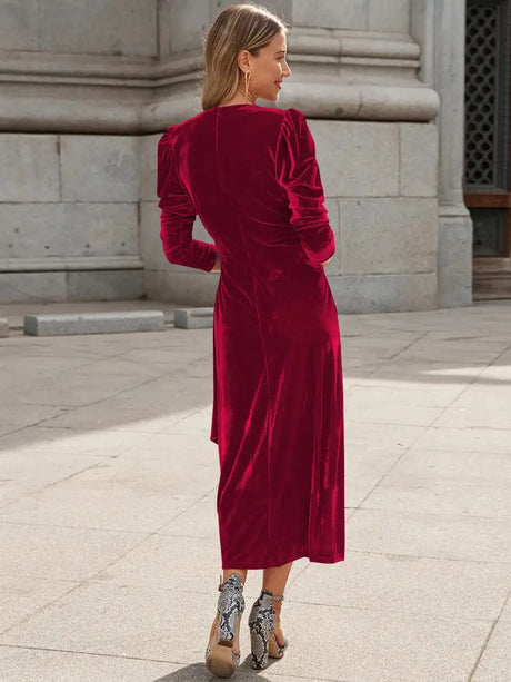 Elegant Solid Velvet Long Dress Women V-neck Wrap Long Sleeve High Waist Ruched Lace-up Birthday Dress Evening Sexy Party Vestid - Lootquake