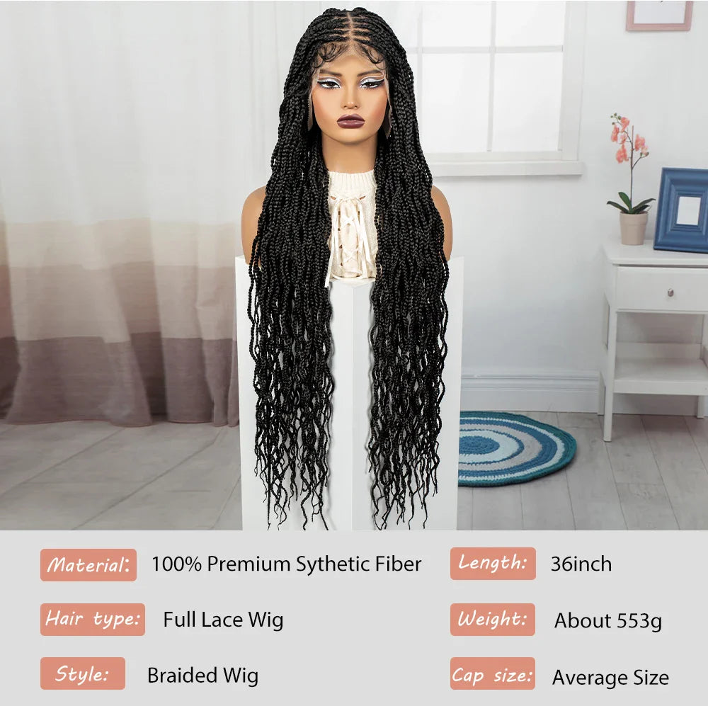 36" Boho Box Braids Wig with Curly Accents | HD Full Lace | Baby Hair