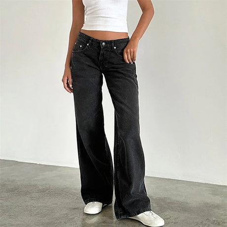 Lamuusaa Jeans y2k Clothes Women Solid Color Low Waist Waist Wide Leg Denim Pants Trousers with Multi Pockets 2000s Streetwear - Lootquake