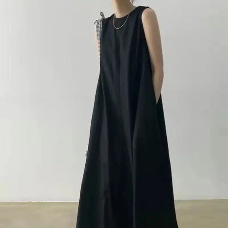 2022 Minimalist Chic Loose Swing Sleeveless Mid-length Casual Cotton Linen Long Dress  Round Neck High Waist Women Runway Dress - Lootquake