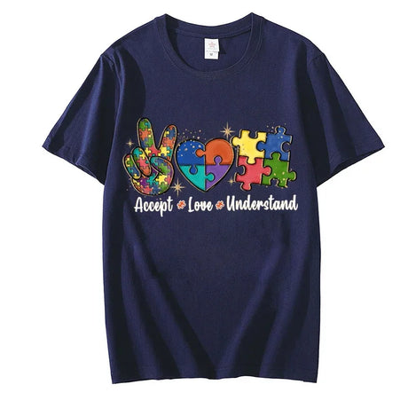Accept Love and Understand T-shirt Autism Awareness T Shirts Color Puzzle Block Kids Women's Tees Harajuku Streetwear Y2k Tops - Lootquake