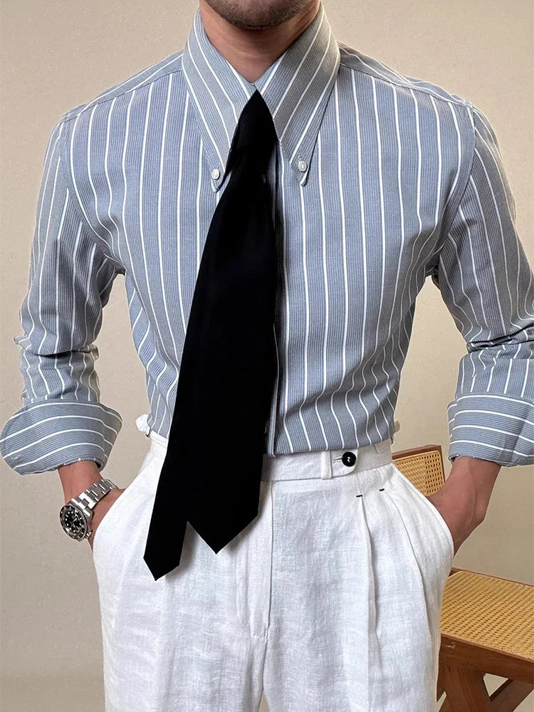Vintage Striped Printed Slim Shirts Mens Casual Long Sleeve Lapel Buttoned Shirt 2025 Spring Fall Mens Shirt Naple Style Clothes