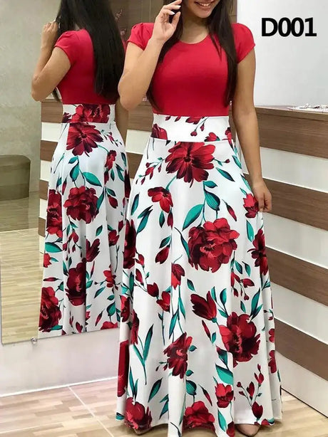 Women Floral Dot Print Patchwork Long Dress Summer Casual Short Sleeve O-Neck High Waist Robe Boho Beach Maxi Sundress Vintage - Lootquake
