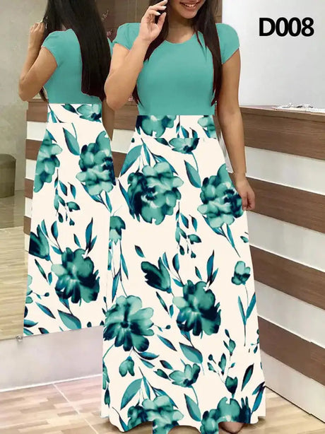 Women Floral Dot Print Patchwork Long Dress Summer Casual Short Sleeve O-Neck High Waist Robe Boho Beach Maxi Sundress Vintage - Lootquake
