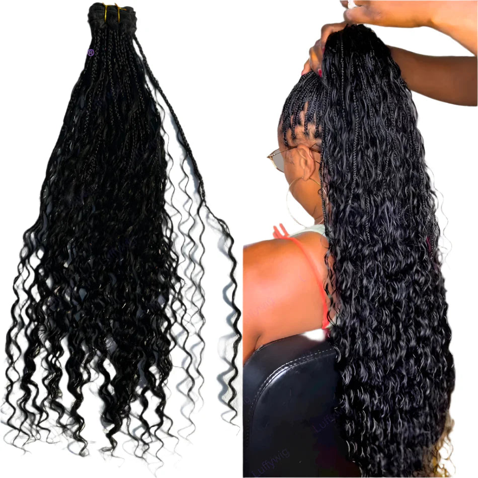 Boho Box Braids Crochet Human Hair Extensions | Curly Weave Bundles | Brazilian Hair | Natural Black | For Braiding & Styling