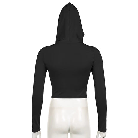 Women's Hooded Crop Tops Autumn Solid Color Long Sleeve Cowl Neck Slim Fit Short T-Shirt Streetwear Sporty Basics Tees - Lootquake