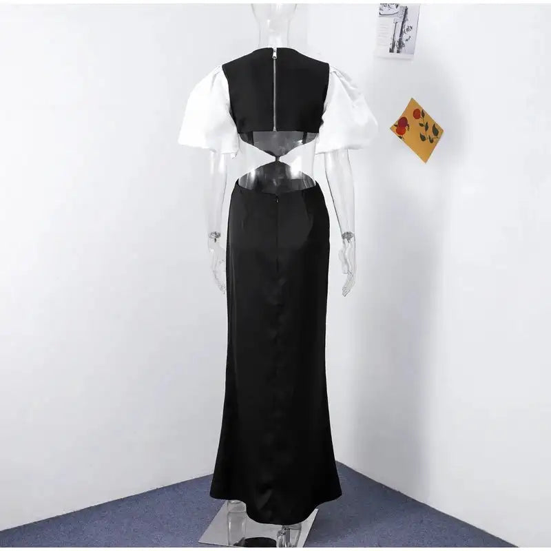 Elegant Puff Sleeve Long Dress For Women 2025 Sexy Hollow Out Waist Evening Party Dresses Female Vacation Lady Chic Beach Robe - Lootquake