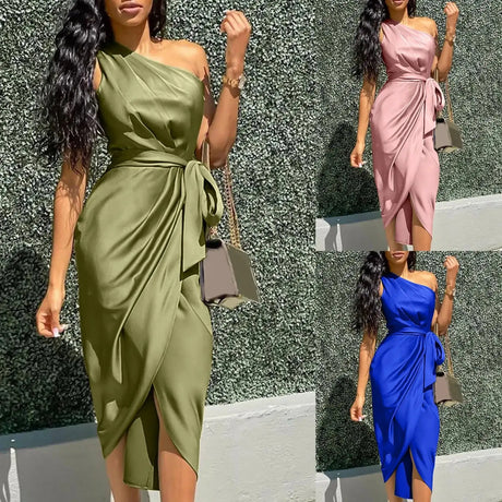 Fashion One Shoulder Long Dress Women Summer Solid Color Slim Waist Pencil Dress Ladies Backless Lace Up Evening Party Dresses - Lootquake
