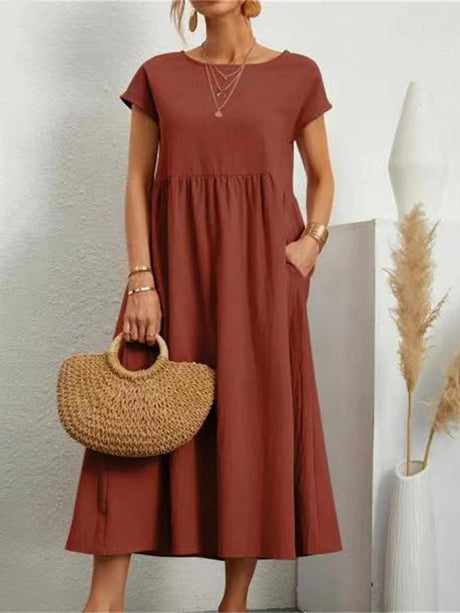 Women Elegant Solid Maxi Dress Summer Short Sleeve O Neck Vintage Harajuku Cotton Linen Loose Sundress Y2K Pockets Long Dress - Lootquake