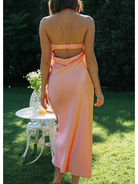 Women Summer Solid Color Party Strapless Dress Sleeveless Backless Elastic Strap Silk Surface Elegant Long Dress - Lootquake