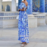 Fashion Temperament Slash Neck Bohemian Printed Maxi Dress New Women Elegant High Waist A-Line Long Dress Sexy Loose Party Dress - Lootquake