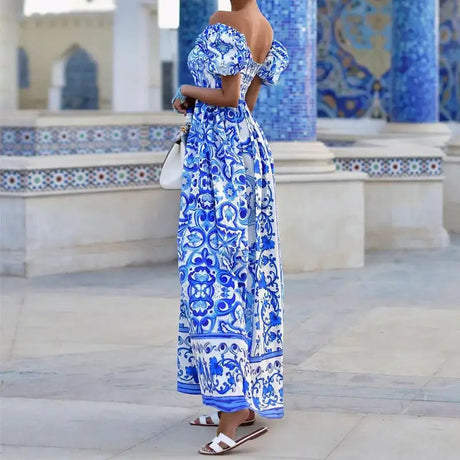 Fashion Temperament Slash Neck Bohemian Printed Maxi Dress New Women Elegant High Waist A-Line Long Dress Sexy Loose Party Dress - Lootquake