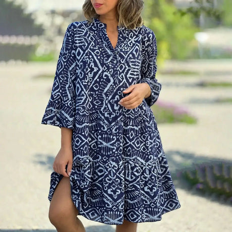 Women Floral Print Maxi Dress Fashion Casual V Neck Long Dress Plus Size Summer Boho Dress Ruffle Three Quarter Sleeves Dresses - Lootquake