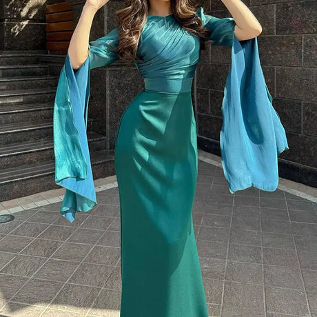 Fashion Satin Solid Robe Dress Ladies Temperament O-neck Slim Evening Dress Elegant Batwing Sleeves High Waist Pleats Long Dress - Lootquake