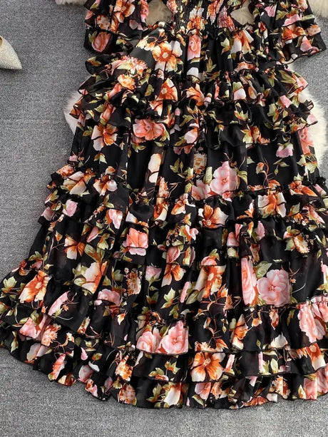 Summer New Off Shoulder  Wrap Waist to Show Thin A-line Fragmented Cake Dress Women's Beach Vacation Chiffon Long Dress GD820 - Lootquake