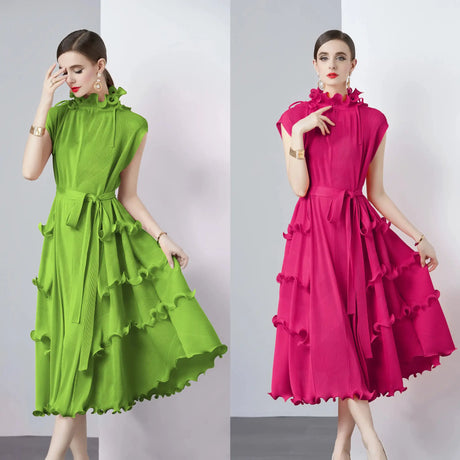 Miyake Pleated Shoulder Bag Heavy Industry Wood Ear Edge Pleated Lace-up Belt Long Dress Stand Collar Plus Size Women's Clothing - Lootquake