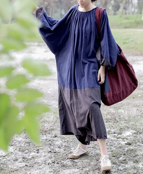 Oversized Spring New Women Big Size Robe Dress Korea Casual Loose Ladies Pullover Cotton Linen Dresses Woman Blue Long Dress - Lootquake