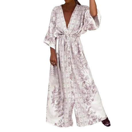 2025 Boho Print Half Sleeve Long Dress Women Fashion Japanese Kimono Lace-Up Robe Summer Sundress Holiday Beach Dress Vestidos - Lootquake