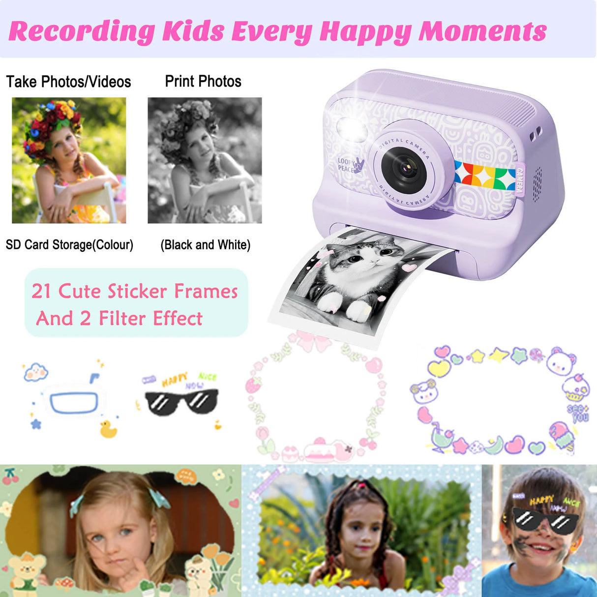 Kids Instant Print Camera -Black & White Print Toddler Birthday Gift Portable Thermal Paper HD Digital Video Printer