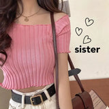 1pc Summer Korea Design Sexy Style Off Shoulder Shirt Fashion Solid Color Printing Lady's Causal Top - Lootquake