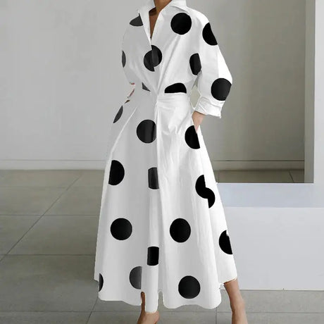 Autumn Dress Long Sleeve Dot Print Elegant Maxi Dresses For Women 2023 White Casual V Neck Shirt Party Long Dress Robe Femme - Lootquake