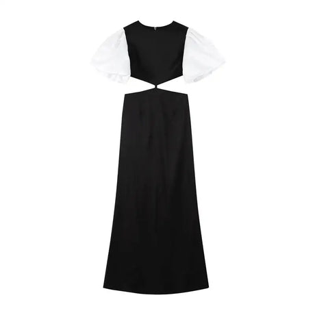 Elegant Puff Sleeve Long Dress For Women 2025 Sexy Hollow Out Waist Evening Party Dresses Female Vacation Lady Chic Beach Robe - Lootquake