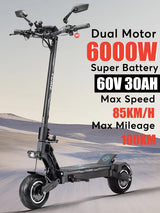 Trottinette électrique Yume Hawk Pro 6 000 W à double moteur, accélérateur au pouce, écran NFC, vitesse maximale : 85 km/h, batterie 60 V-30 AH, autonomie maximale : 100 km