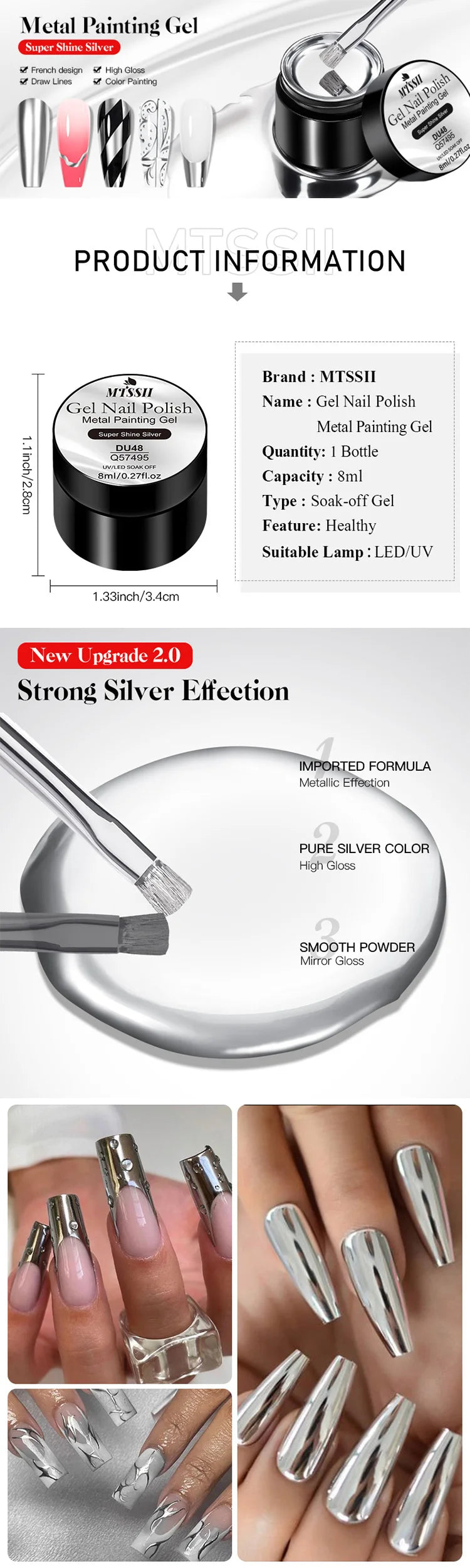 8ml Super Shine Silver Metal Painting Gel Nail Polish High-density Mirror Effect Semi Permanant Nail Art Manicure Varnish