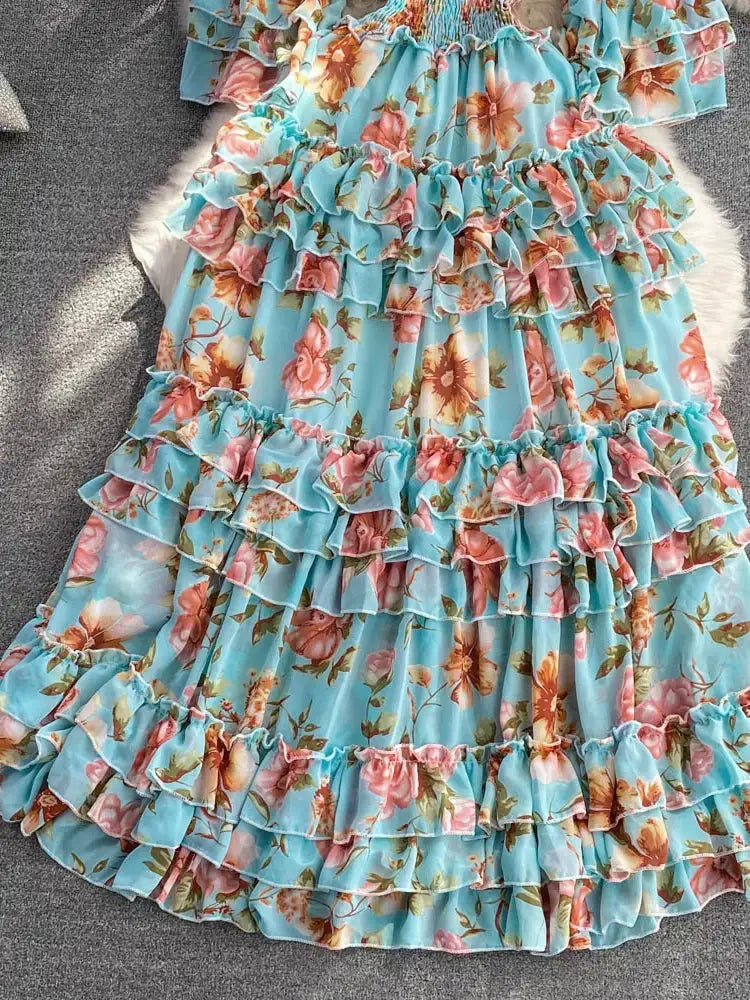 Summer New Off Shoulder  Wrap Waist to Show Thin A-line Fragmented Cake Dress Women's Beach Vacation Chiffon Long Dress GD820 - Lootquake