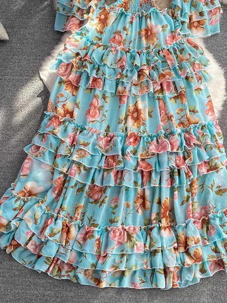 Summer New Off Shoulder  Wrap Waist to Show Thin A-line Fragmented Cake Dress Women's Beach Vacation Chiffon Long Dress GD820 - Lootquake
