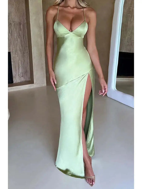 Fashion Sexy Satin Backless Camis Dress Spaghetti Strap Split Hem Silk Y2K Bodycon Casual Lace-up Summer Evening Long Dress 2024 - Lootquake