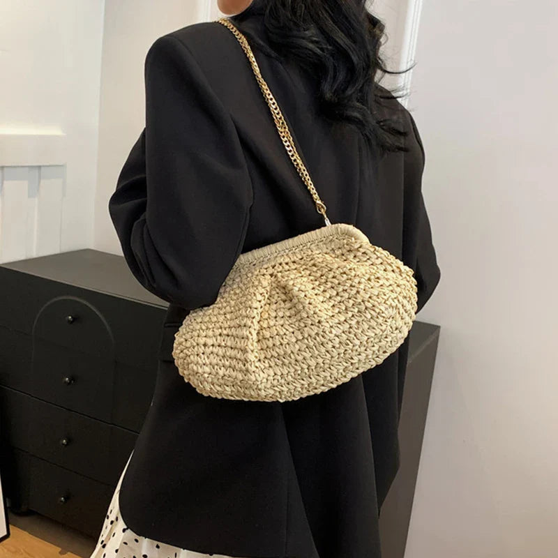 Bohemian Straw Dumpling Clutch Bag | Woven Straw Tote Purse for Women (Summer Beach Bag, Wicker Clutch)