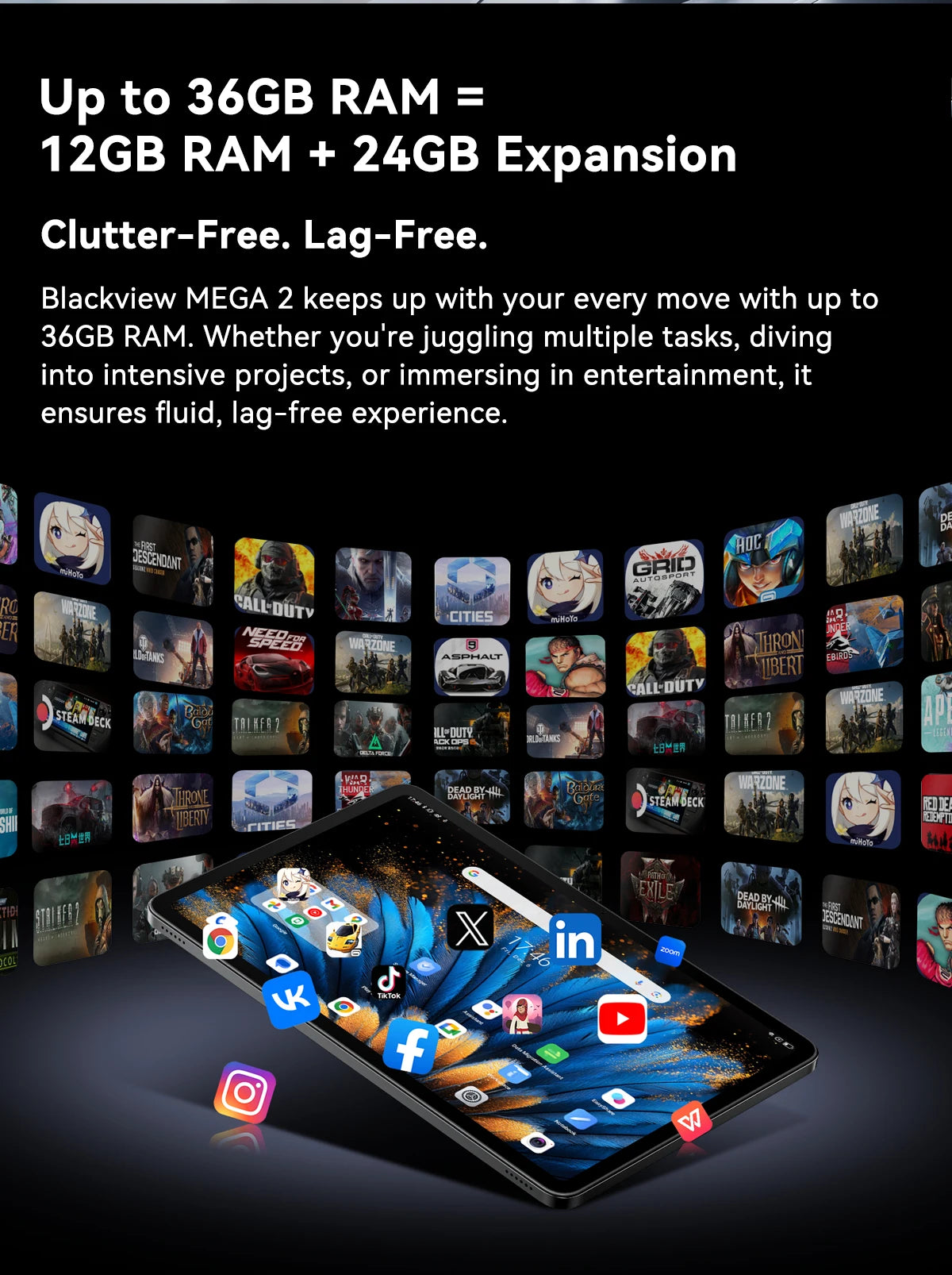 Tablettes Blackview MEGA 2 12 pouces 2K écran Widevine L1 24 Go (8 + 16) Android 15 256 Go 9000 mAh AI caméra principale Pad PC