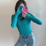 Camisa neón para mujer, de manga larga, con cuello alto, transparente, de malla amarilla dorada, sexy, para fiesta, club, ropa de calle, camisetas de hip hop